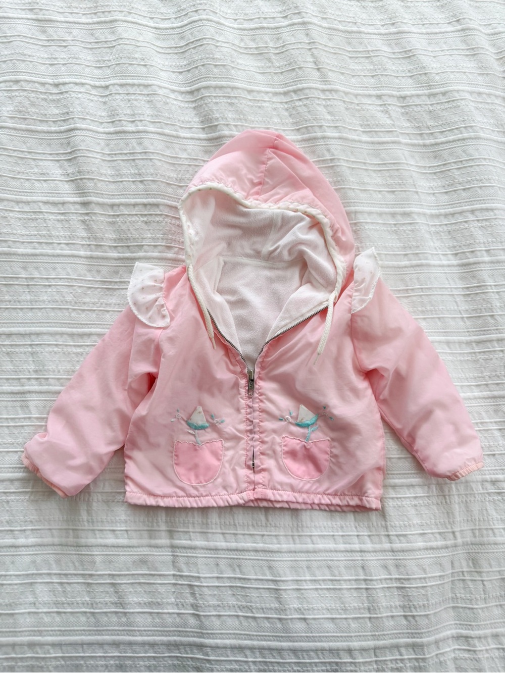 Vintage Baby Pink Hooded Zip Jacket w/ Pocket Embroidery Ruffle Cottagecore 12M